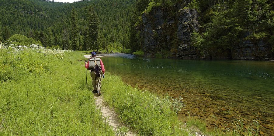 Fly fisherman walking along a crystal-clear riverbank on a guided fly fishing tour in North Idaho near Coeur d’Alene